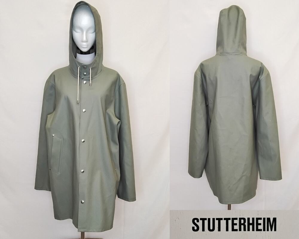 Stutterheim Raincoat Women's Large Sage Green Long Hooded Pockets #Z5781